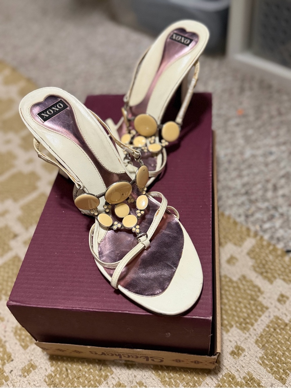 XOXO Ivory Slingback Heels with Beige Circle Embellishments